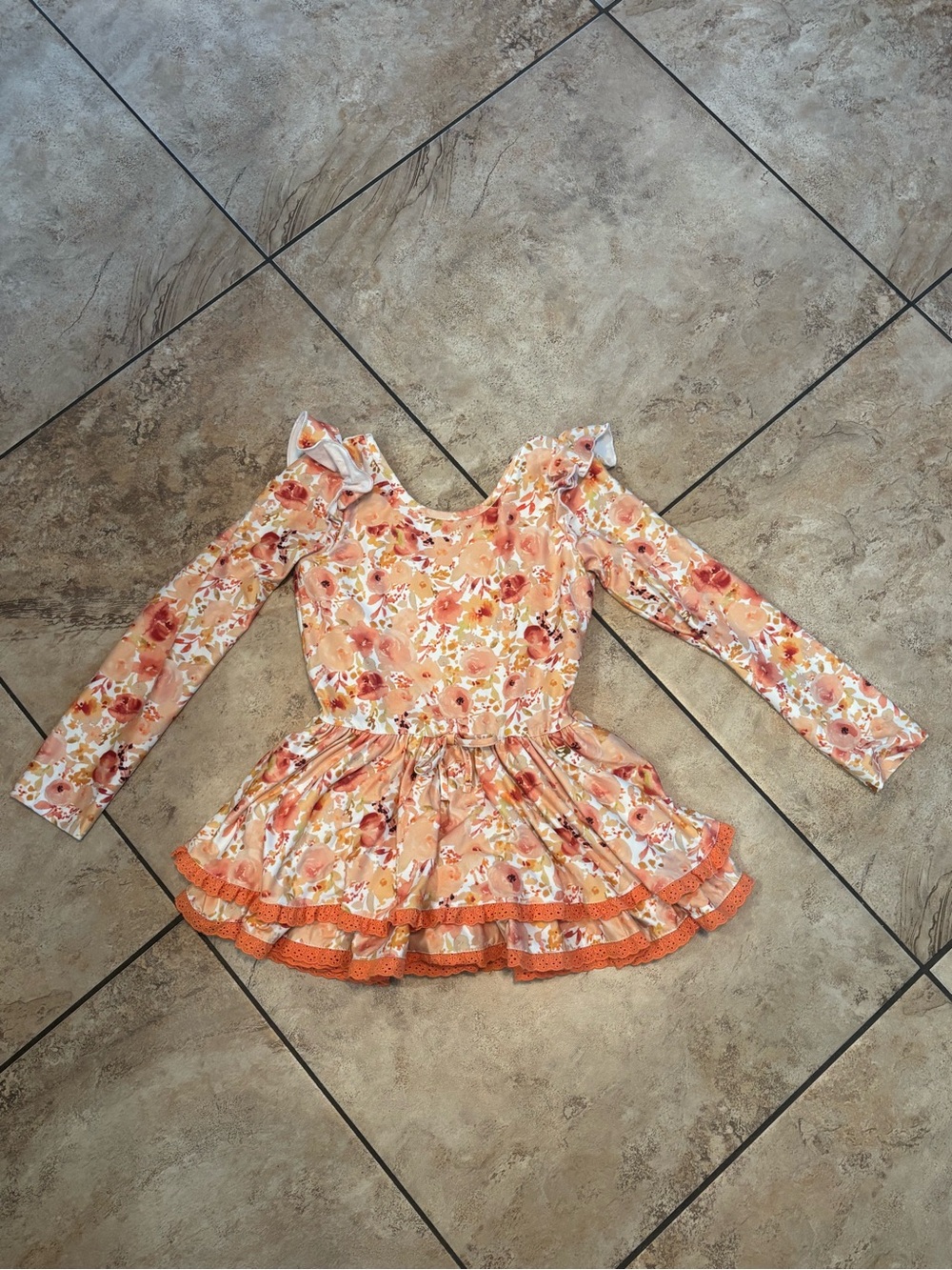 Peach Floral Ruffle Hem Long Sleeve Leotard